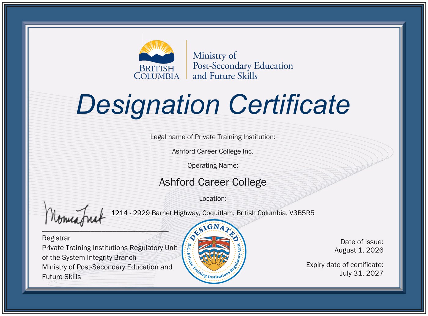 Ashford Career College Designation Certificate - Coquitlam
